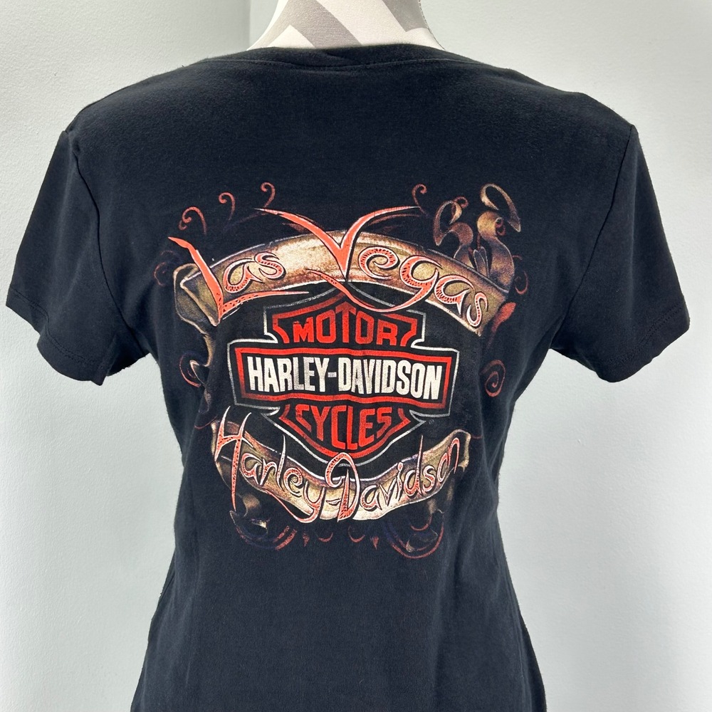 Harley Davidson Las Vegas Skull Flag Graphic T Shirt Womens Large Black Cotton - Picture 5 of 7